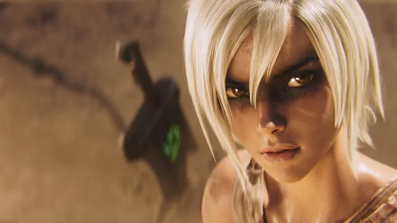 HD wallpaper featuring Riven from League of Legends, close-up view showing her intense expression with a glowing rune sword in the background.