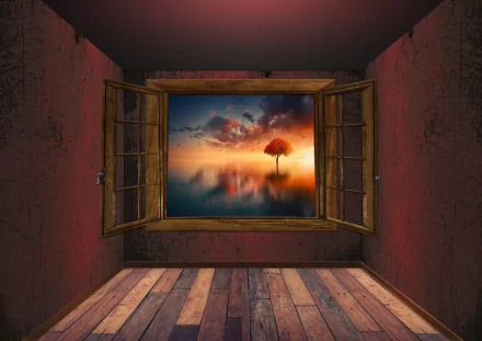 HD artistic wallpaper showing a wooden room with an open window framing a fantasy lake scene with a solitary tree reflected in the water at sunset.