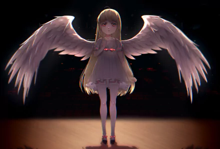 HD anime desktop wallpaper featuring a child angel with large glowing wings standing in soft light against a dark background.