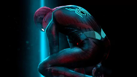 HD desktop wallpaper of Spider-Man from the movie Spider-Man: Far From Home, showing the superhero crouching with a glowing blue light in the background.