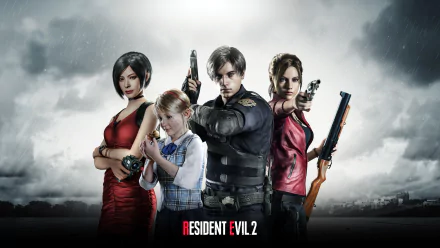 HD wallpaper featuring Leon S. Kennedy, Ada Wong, and Claire Redfield from Resident Evil 2 (2019), with a dramatic sky in the background.