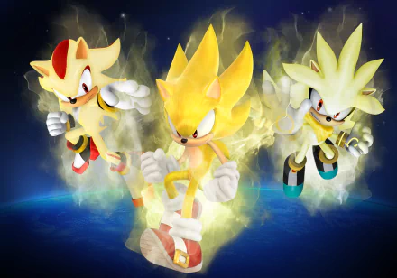 4K Ultra HD wallpaper featuring Super Sonic, Super Shadow, and Super Silver from Sonic the Hedgehog (2006) in dynamic, glowing poses against a dark background.
