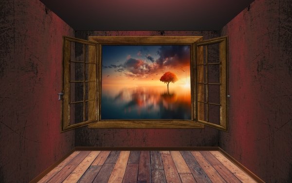 Artistic Window Room Fantasy Tree Manipulation Wooden Lake HD Wallpaper | Background Image