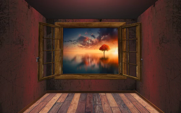 HD artistic wallpaper showing a wooden room with an open window framing a fantasy lake scene with a solitary tree reflected in the water at sunset.