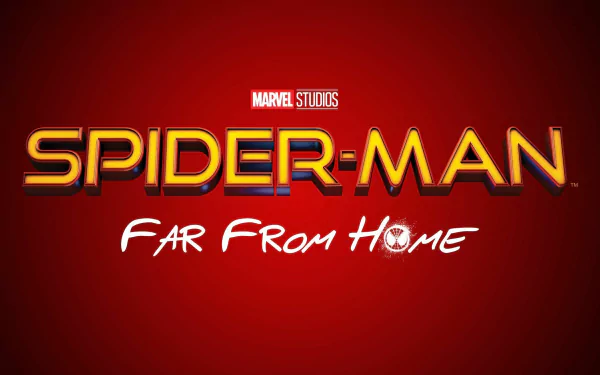 HD PC desktop wallpaper featuring the bold logo of the Marvel Studios movie Spider-Man: Far From Home against a red background.
