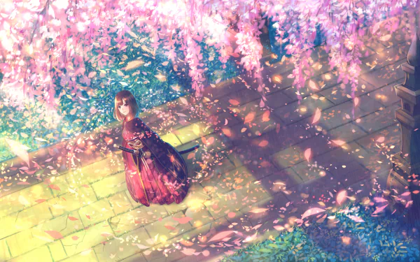Anime girl in a red dress holding a katana, standing on a stone path surrounded by sakura blossoms. The scene is bathed in soft light, with petals floating around, creating a serene atmosphere.