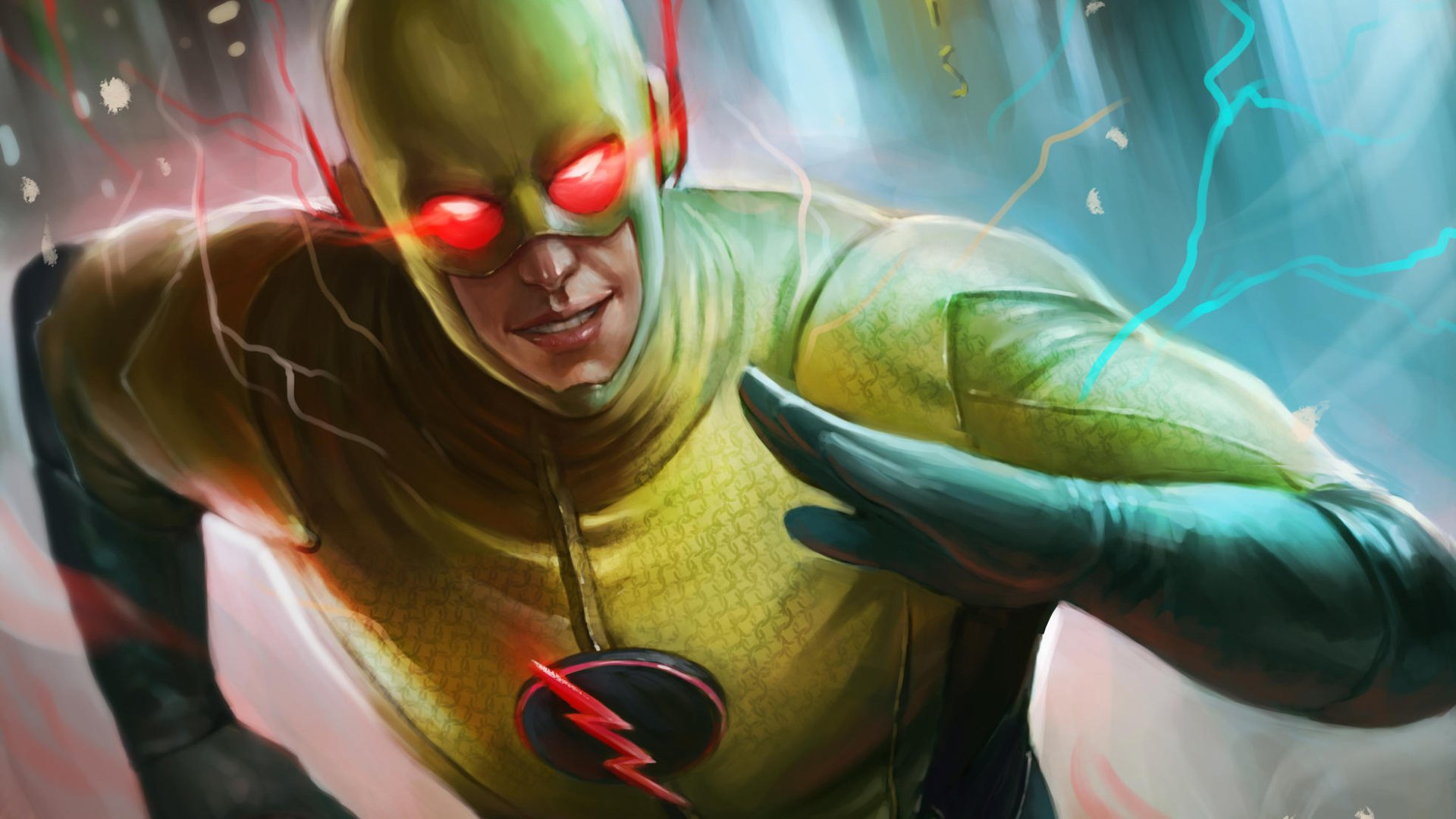 HD PC desktop wallpaper of Reverse-Flash from the TV show The Flash (2014): yellow-suited speedster with glowing red eyes and crackling lightning, lunging forward against a motion-blurred background.