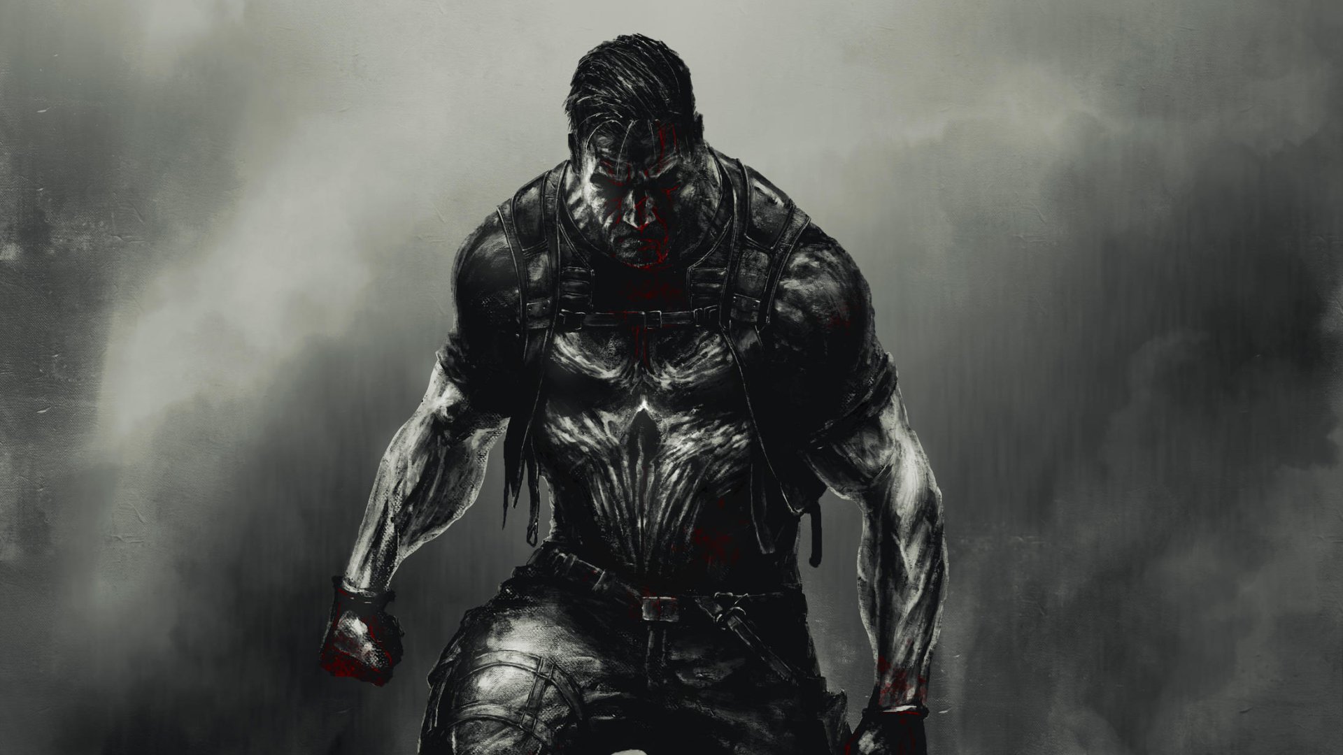 HD comic-style wallpaper featuring the Punisher in a dark, intense pose with dramatic lighting and smoky background.