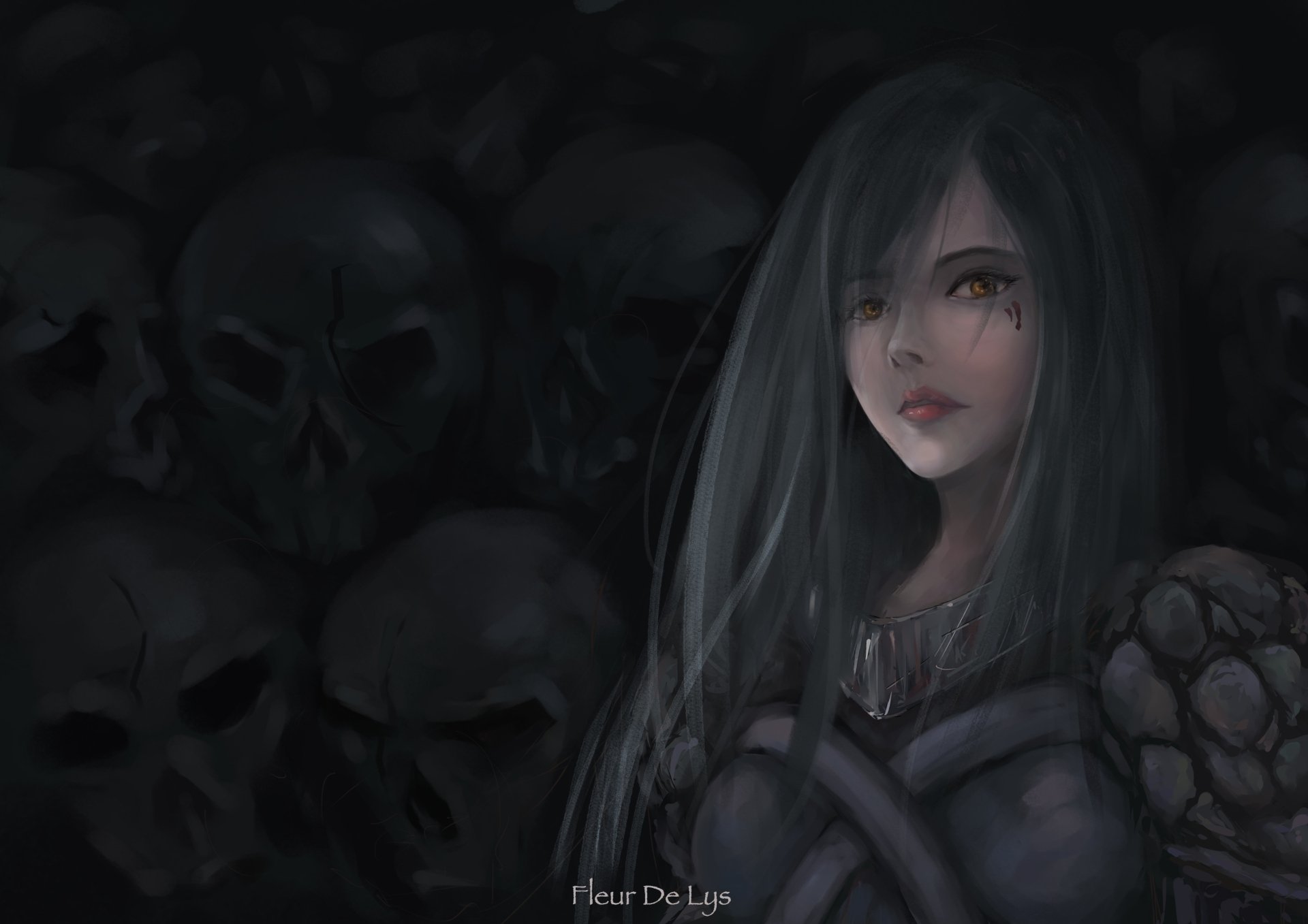 Anime original 2K Quad HD PC desktop wallpaper: a dark‑haired, pale female in gothic armor stands before a wall of skulls, bathed in soft, moody light.