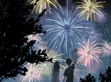 HD anime desktop wallpaper featuring two short-haired characters watching colorful fireworks burst in a starry night sky behind silhouetted trees.
