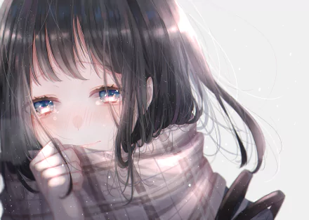 Anime wallpaper featuring a girl with blue eyes and tears, short brown hair, and a scarf. The HD image captures her emotional expression, making it a touching and visually appealing background.