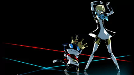 HD desktop wallpaper of Morgana (Persona) crowned beside Aigis in a dance pose on a neon-lit black stage — Persona 5 characters from the video games Persona 5: Dancing Star Night and Dancing in Starlight