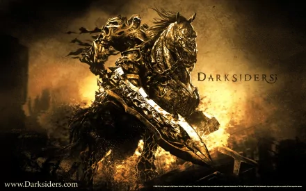 A dynamic HD wallpaper featuring a character from the video game Darksiders, showcasing a powerful figure wielding a massive sword on a dark, atmospheric background.