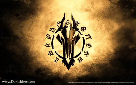 HD wallpaper featuring the Darksiders logo, set against a dramatic, golden background that embodies the game's intense and apocalyptic themes.