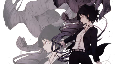 A dynamic HD wallpaper featuring Izumi Shimomura from *Ajin: Demi-Human*, showcasing her in a striking pose with shadowy figures in the background.