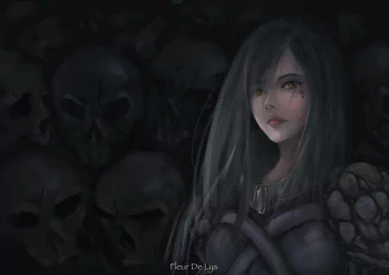 Anime original 2K Quad HD PC desktop wallpaper: a dark‑haired, pale female in gothic armor stands before a wall of skulls, bathed in soft, moody light.