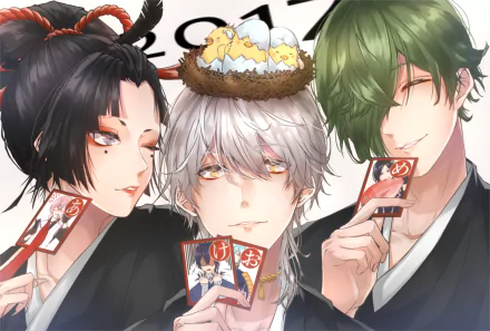 HD PC wallpaper of Touken Ranbu anime: Tsurumaru Kuninaga center with a chicks' nest on silver hair, flanked by Kogarasumaru and Uguisumaru, each holding red cards.