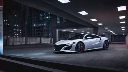 Sleek white Acura NSX supercar parked in an urban rooftop setting at night, showcased in sharp 4K Ultra HD resolution as a desktop wallpaper background.