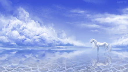 2K Quad HD PC wallpaper: ethereal white unicorn walking on mirrored water beneath a vast cloud-filled sky, delicate reflections stretching across a fantasy desktop background.