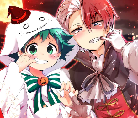 HD My Hero Academia desktop wallpaper featuring Izuku Midoriya and Shoto Todoroki in festive Halloween costumes with vibrant anime-style artwork.