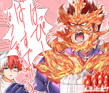 4K Ultra HD PC desktop wallpaper of My Hero Academia: Endeavor blazing with fire and shouting, Shoto Todoroki watching stoically at left.