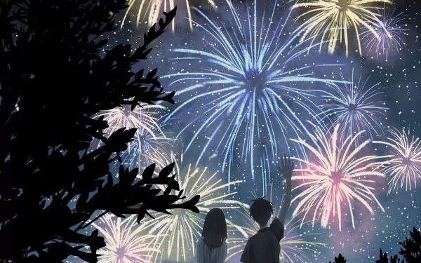 HD anime desktop wallpaper featuring two short-haired characters watching colorful fireworks burst in a starry night sky behind silhouetted trees.