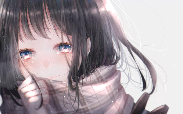 Anime wallpaper featuring a girl with blue eyes and tears, short brown hair, and a scarf. The HD image captures her emotional expression, making it a touching and visually appealing background.