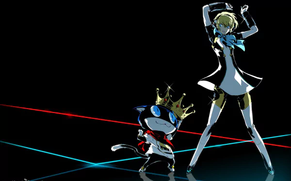 HD desktop wallpaper of Morgana (Persona) crowned beside Aigis in a dance pose on a neon-lit black stage — Persona 5 characters from the video games Persona 5: Dancing Star Night and Dancing in Starlight