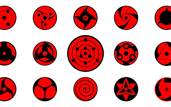 Red 8K Ultra HD PC desktop wallpaper featuring multiple Mangekyō Sharingan and Sharingan designs from Naruto/Boruto arranged in a red-and-black grid on a white background.