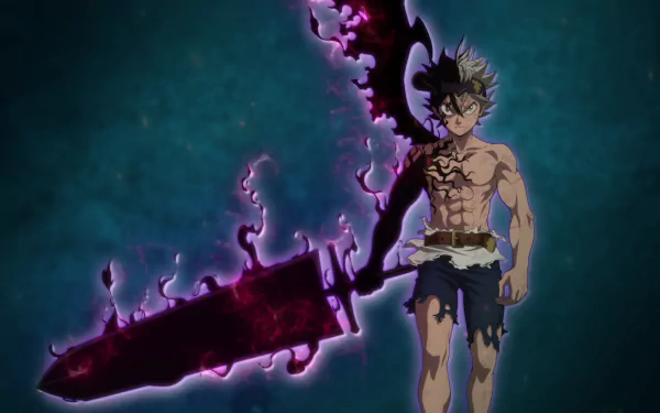 HD desktop wallpaper featuring Asta from the anime Black Clover, showcasing his muscular form and wielding a dark, glowing sword against a vibrant, mystical background.
