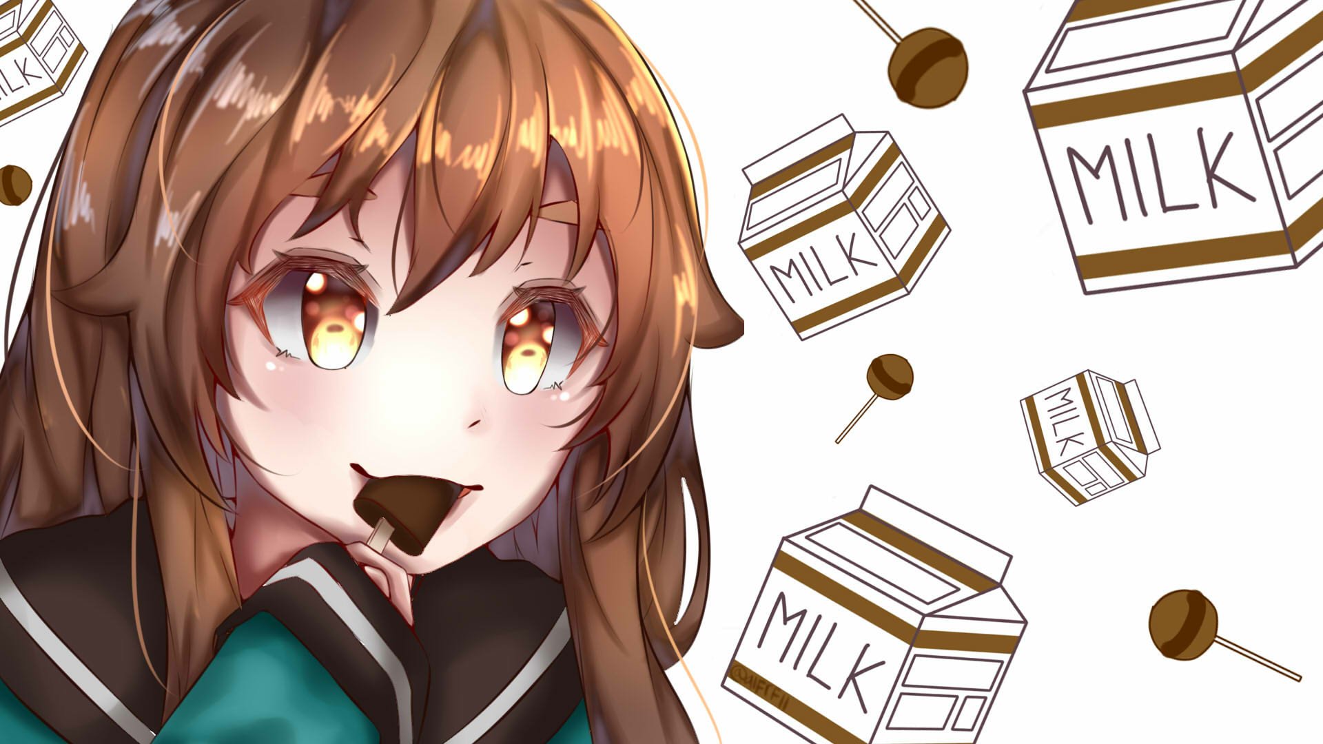 HD anime original desktop wallpaper featuring a girl with brown hair and bright eyes enjoying chocolate, set against a white background with floating milk cartons and lollipops.
