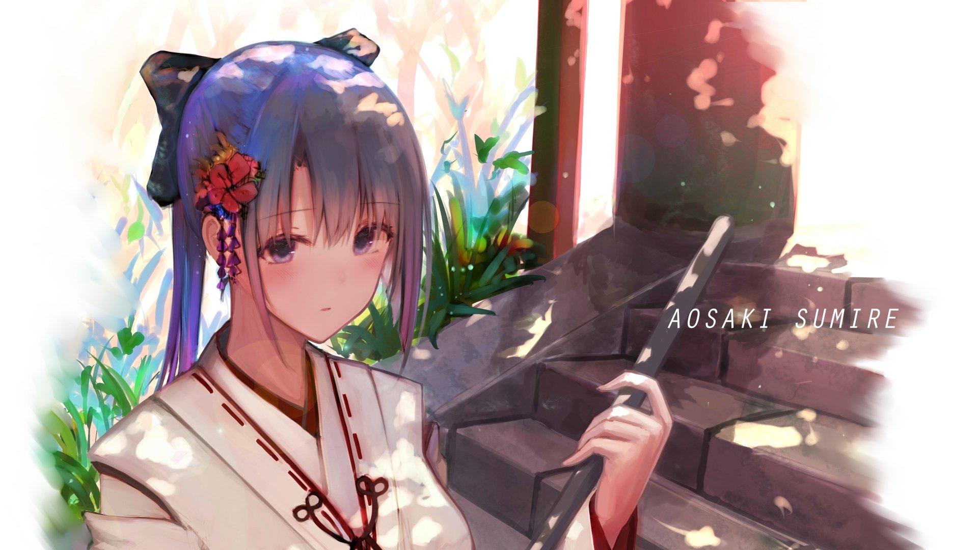 Anime-style illustration of a serene girl with blue hair and traditional attire, set in a softly lit environment. Original 4K Ultra HD PC desktop wallpaper.