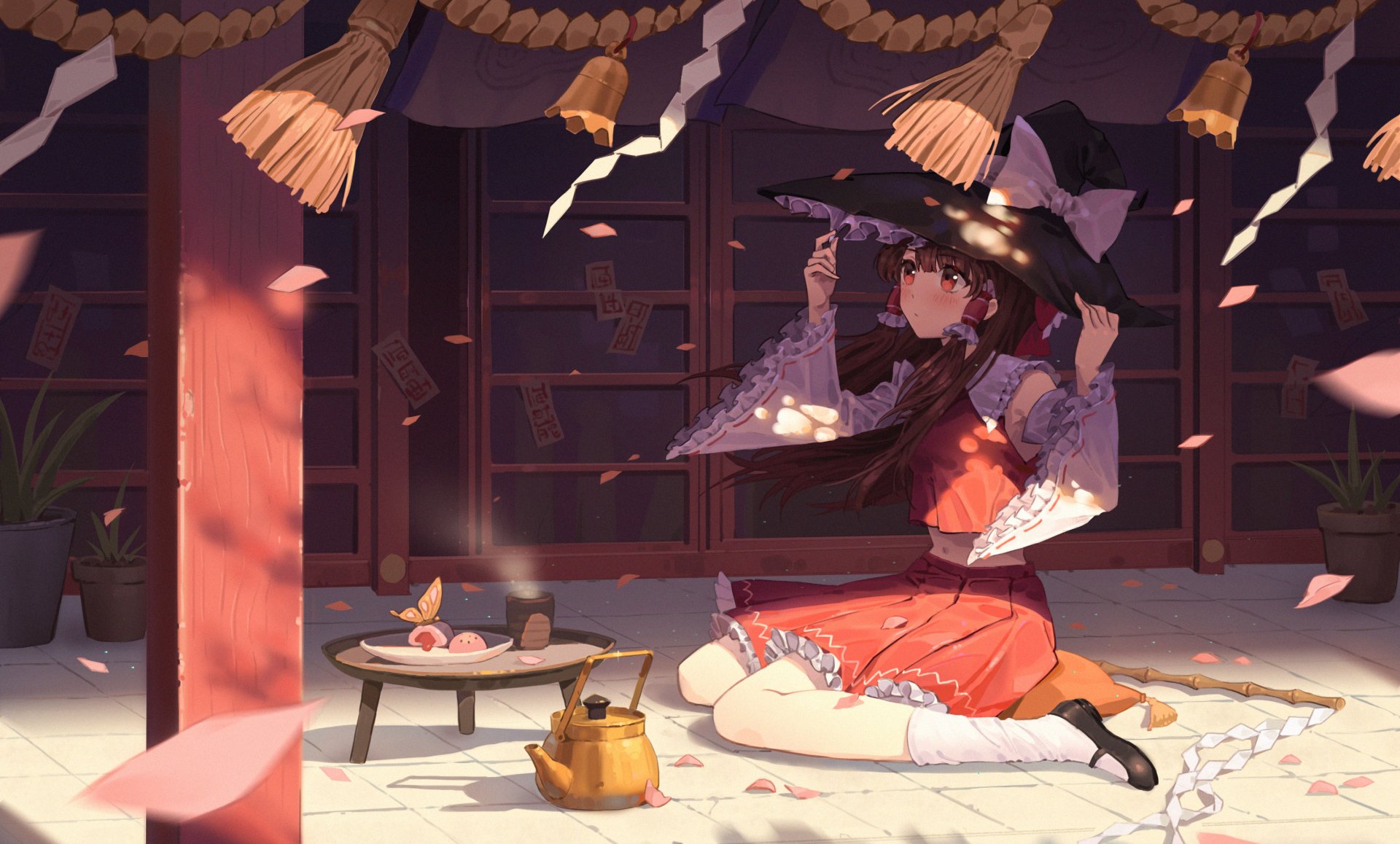 HD anime desktop wallpaper featuring Reimu Hakurei from Touhou, dressed in traditional attire, sitting inside a shrine with soft lighting and falling petals.