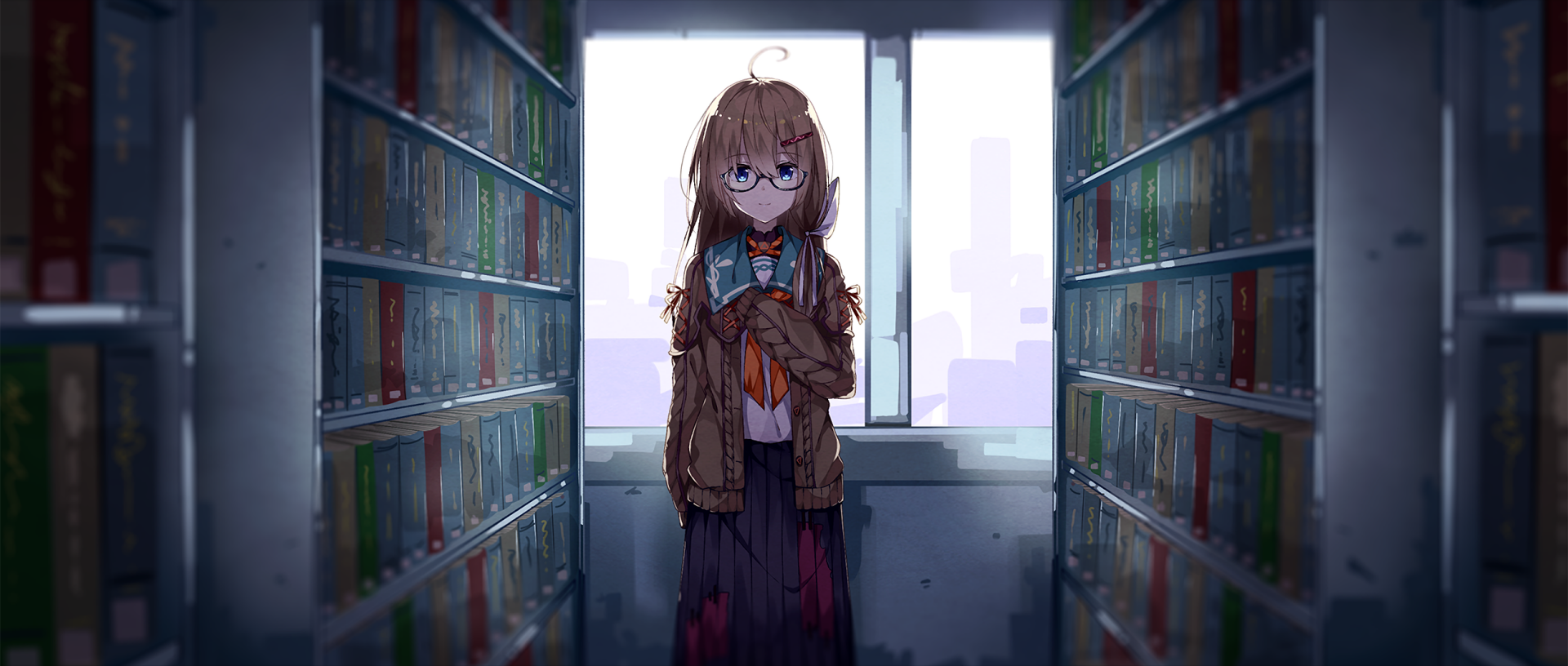 HD anime wallpaper featuring a young woman with glasses in a cozy library setting, standing between rows of bookshelves, with soft daylight streaming through a window in the background.