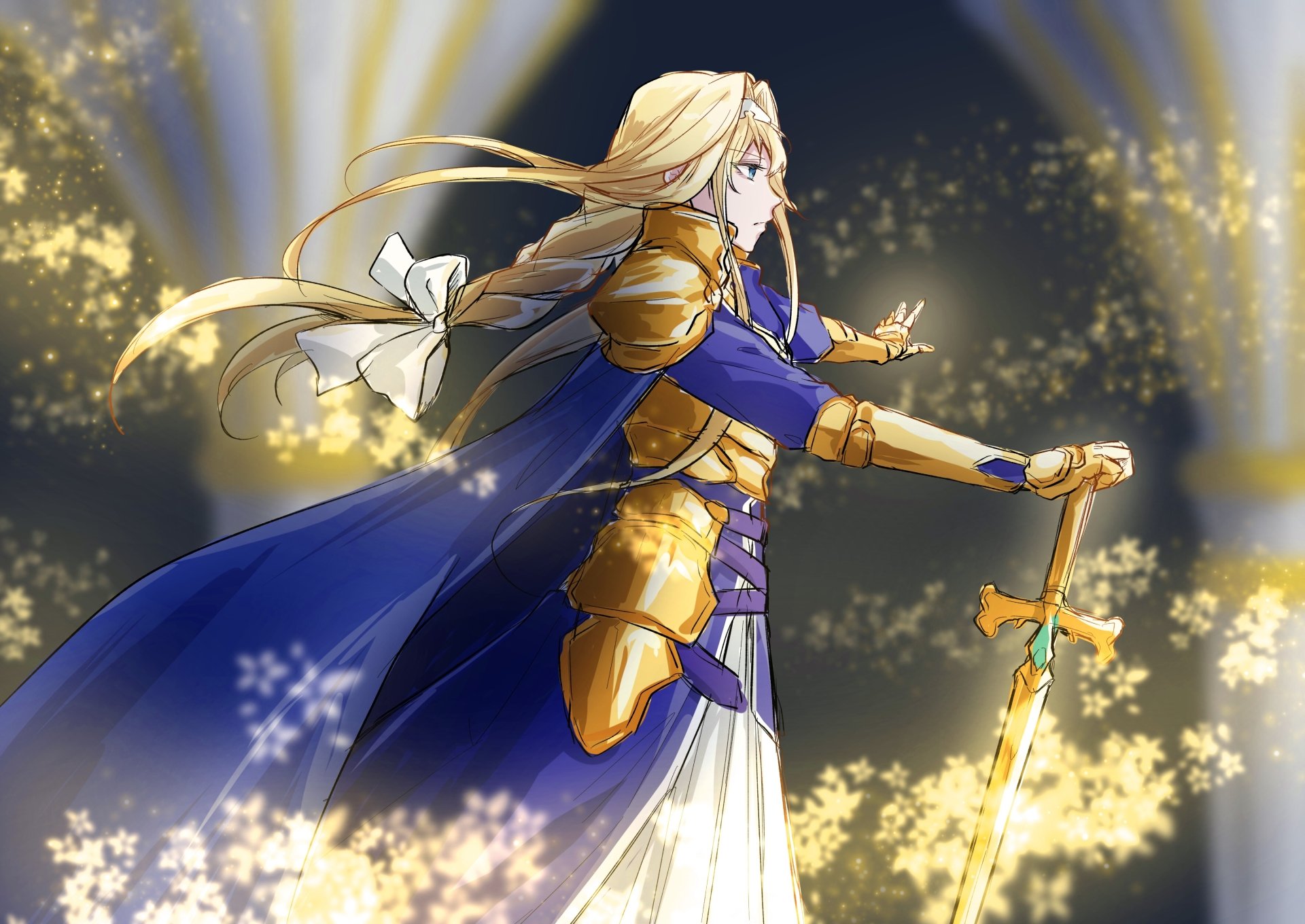 HD PC desktop wallpaper featuring Alice Zuberg from Sword Art Online: Alicization, depicted in golden armor with a glowing sword and a radiant background.