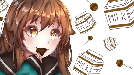 HD anime original desktop wallpaper featuring a girl with brown hair and bright eyes enjoying chocolate, set against a white background with floating milk cartons and lollipops.