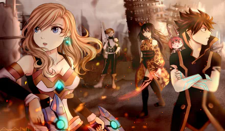 Edens Zero anime HD desktop wallpaper featuring E.M. Pino, Homura Kōgetsu, Weisz Steiner, Happy, Shiki Granbell and Rebecca amid a fiery, ruined cityscape.