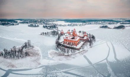 Lithuania horizon winter landscape castle man made Trakai Island Castle HD Desktop Wallpaper | Background Image