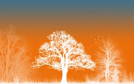 Artistic vector HD desktop wallpaper featuring white silhouetted trees against a gradient sky transitioning from orange to blue.