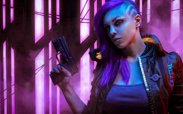 HD desktop wallpaper from Cyberpunk 2077 featuring a character with vibrant purple hair holding a gun, set against a neon-lit backdrop. Vibrant and edgy, embodies the game's futuristic aesthetic.