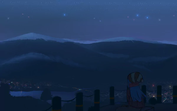 A serene night scene from the anime Laid-Back Camp, featuring calm mountains under a starlit sky, with a single chair overlooking a tranquil landscape. HD desktop wallpaper.