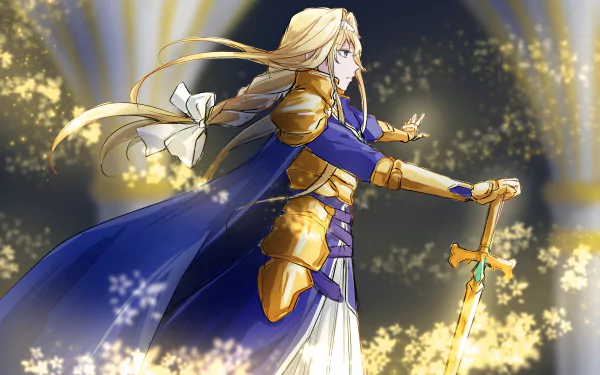 HD PC desktop wallpaper featuring Alice Zuberg from Sword Art Online: Alicization, depicted in golden armor with a glowing sword and a radiant background.