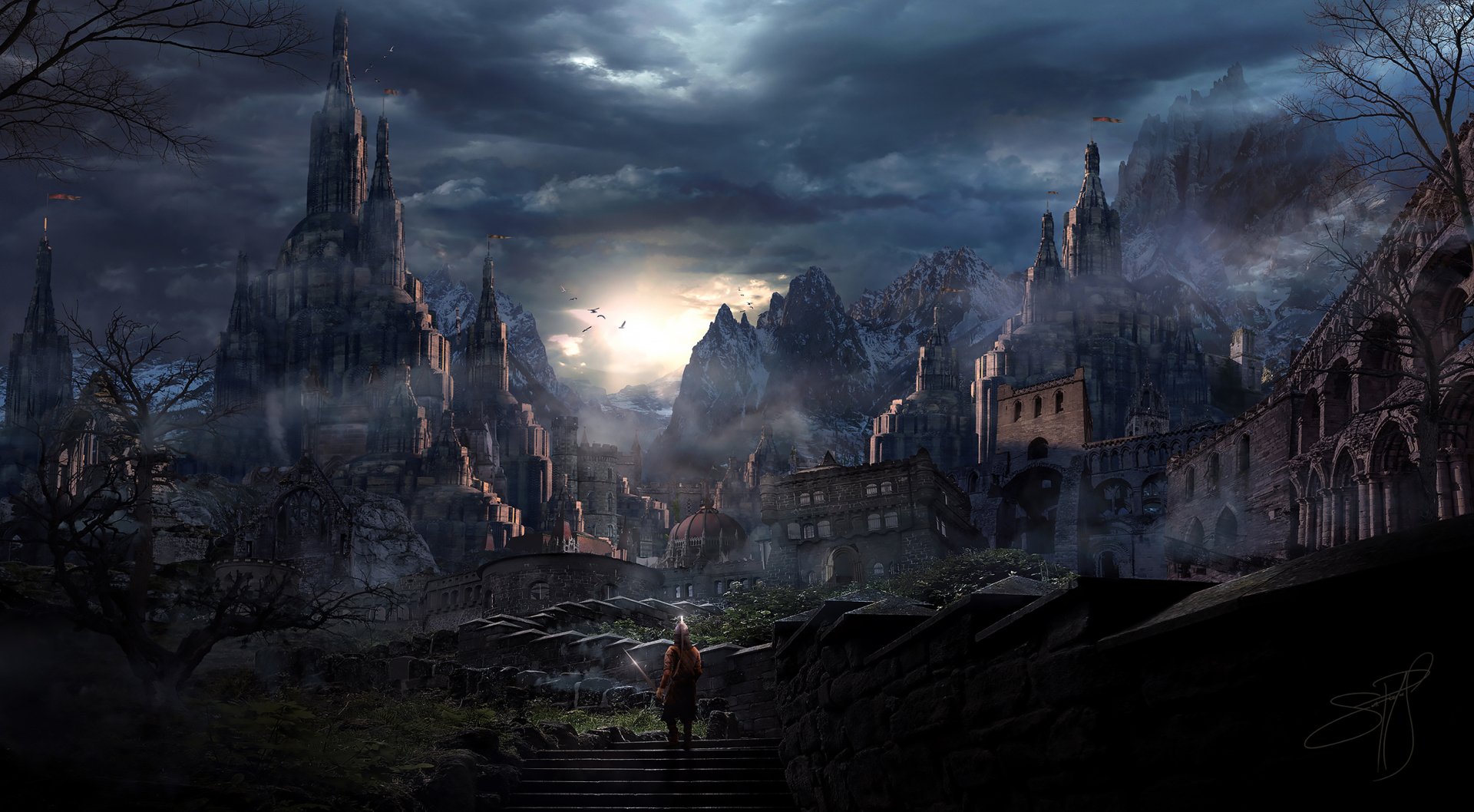 HD desktop wallpaper featuring a fantasy warrior in a mysterious, foggy cityscape with towering buildings and dark, dramatic skies.