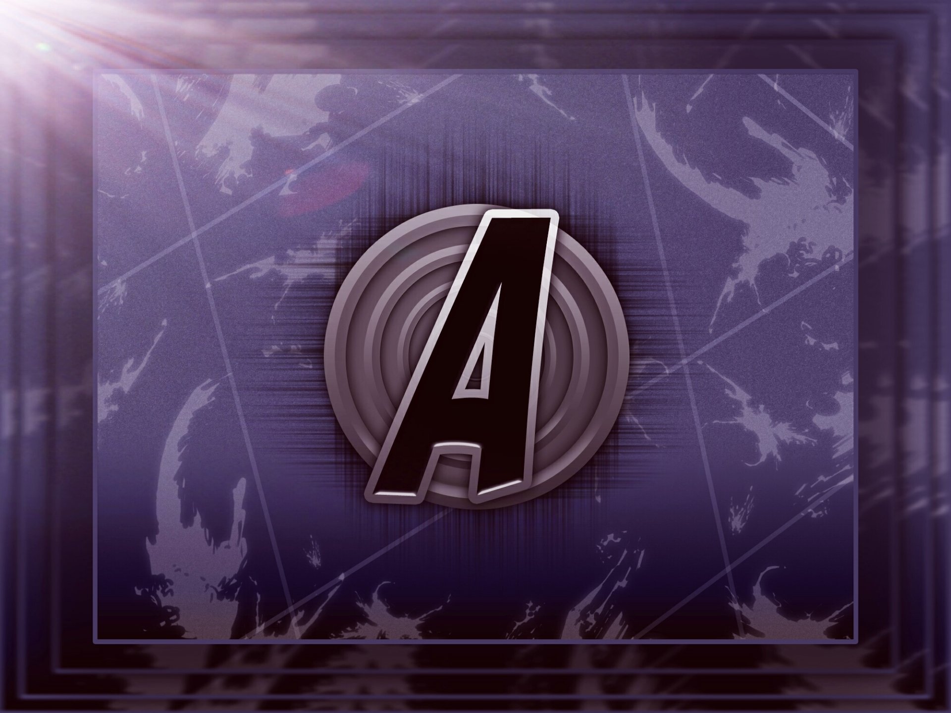 HD PC desktop wallpaper: abstract Photoshop design featuring a bold letter A emblem on a purple textured background with circular badge and subtle light flares.