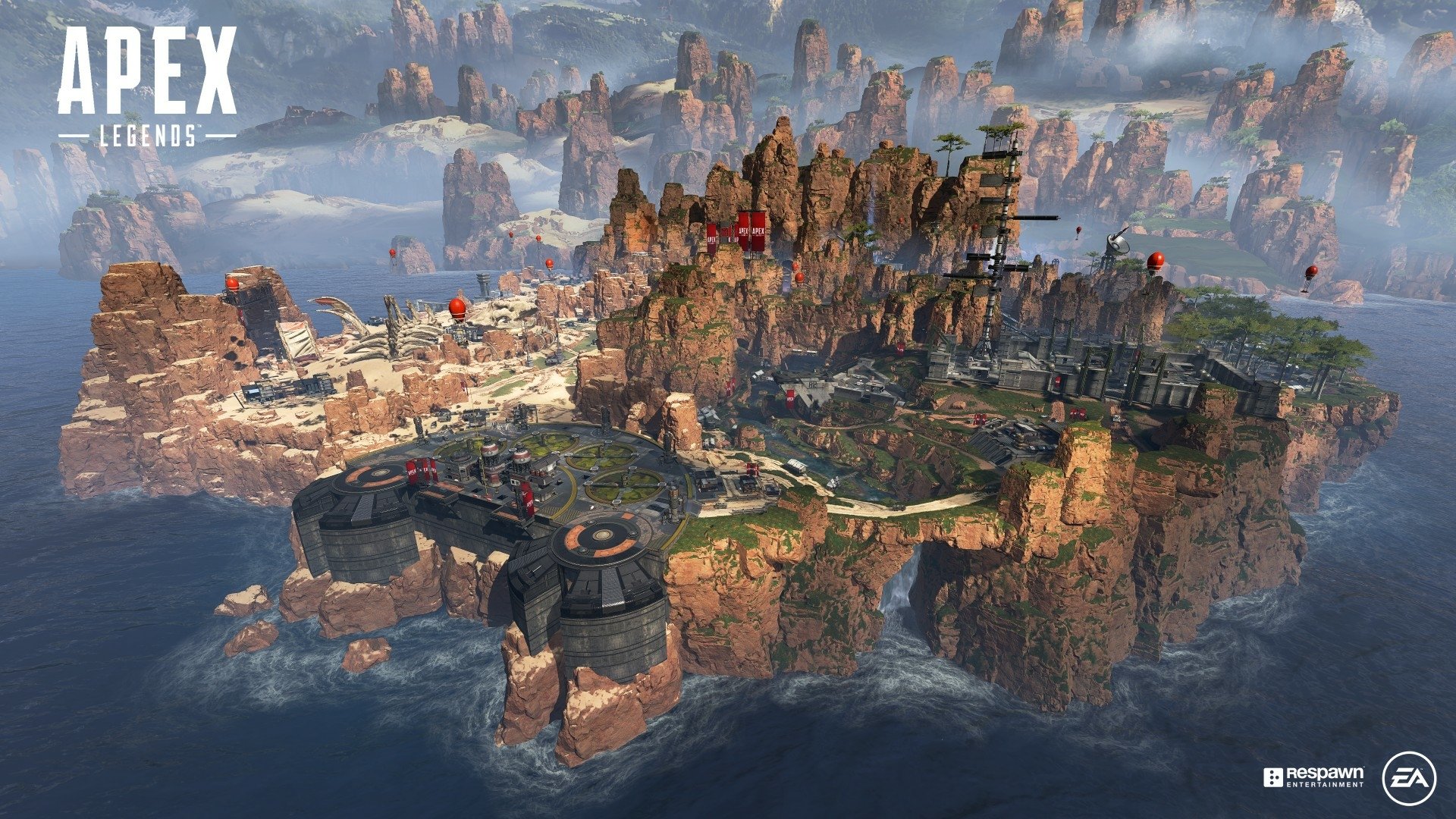 HD wallpaper of Apex Legends featuring a rugged landscape with futuristic structures and cliffs.