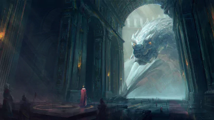 HD fantasy desktop wallpaper featuring a colossal dragon in a grand, dimly-lit hall, facing a small figure in a red cloak, creating a dramatic and epic scene.