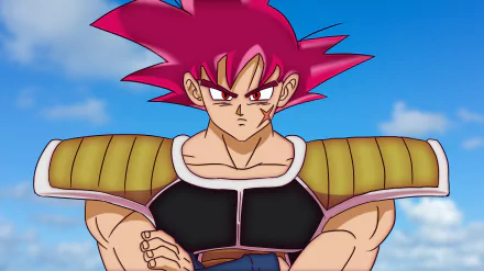 Broly (Dragon Ball) — anime 8K Ultra HD PC desktop wallpaper from Dragon Ball Super: Broly showing a muscular Saiyan with magenta hair and battle armor against a blue sky.