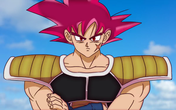 Broly (Dragon Ball) — anime 8K Ultra HD PC desktop wallpaper from Dragon Ball Super: Broly showing a muscular Saiyan with magenta hair and battle armor against a blue sky.