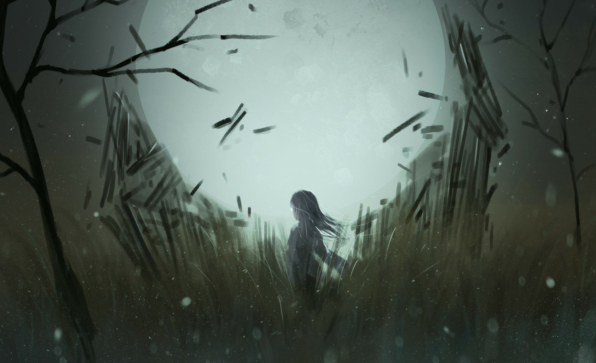 Anime-style original HD desktop wallpaper showing a solitary figure standing amid tall grass with dimly lit, broken structures under a large, pale moon.