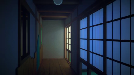 HD anime original desktop wallpaper depicting a dimly lit traditional Japanese-style hallway with sliding shoji doors and a glowing moon visible outside.